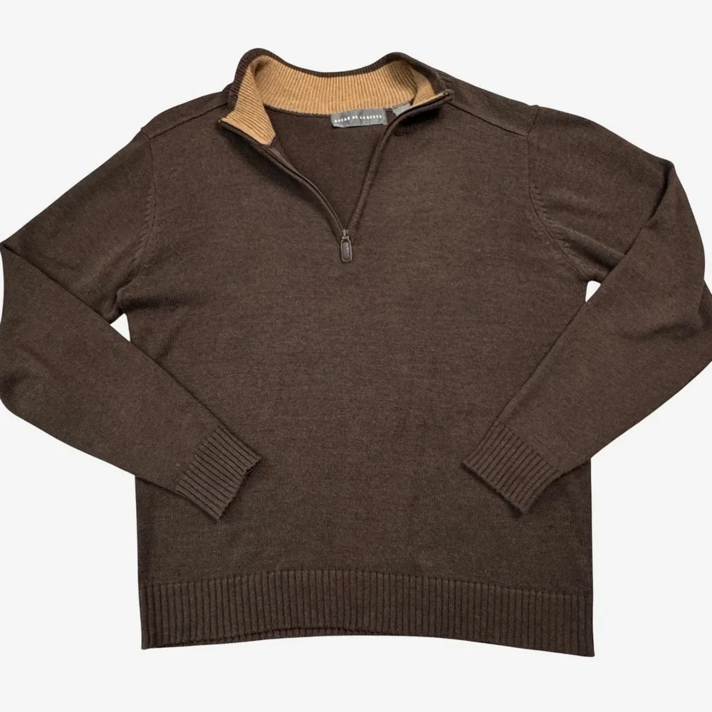 Oscar De La Renta Mens Dark Brown Quarter Zip Knit Sweater Large Great Condition